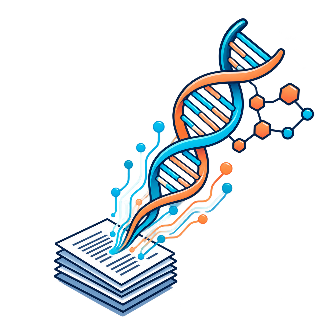 Ilustração de DNA, documentos científicos e conexões de dados.